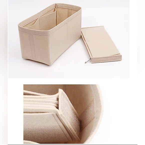 New bag organizer/insert beige felt removable compartment zip pocket & 2 slip - Picture 2 of 4
